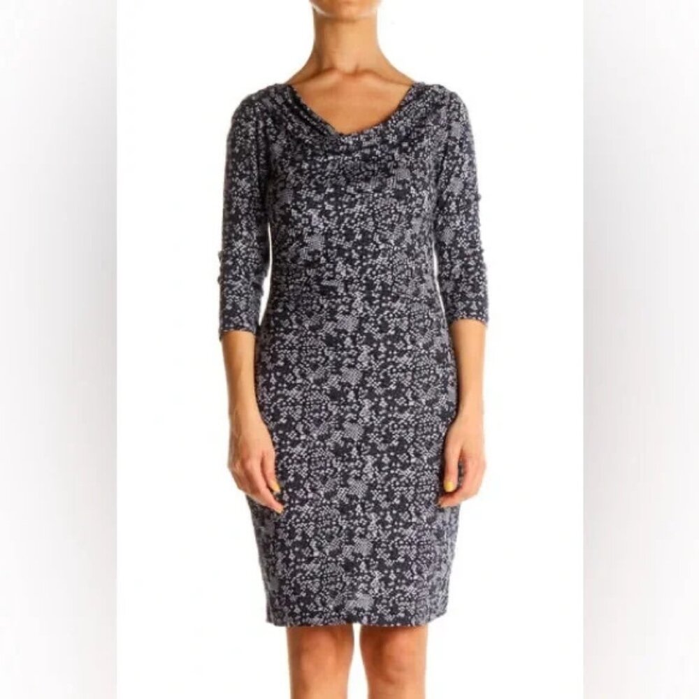 Ann Taylor Loft 3/4 sleeve midi cowl neck side ruched dress, snake skin, Size MP
